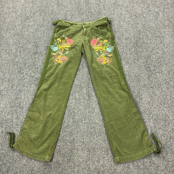 Miss Me Pants - Miss Me Pants Womens L Green Corduroy Y2K Floral Embroidered Rhinestone Belted